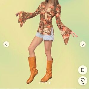 Vintage Boho Y2K Bell Sleeves Floral Print Top Size Large Fall